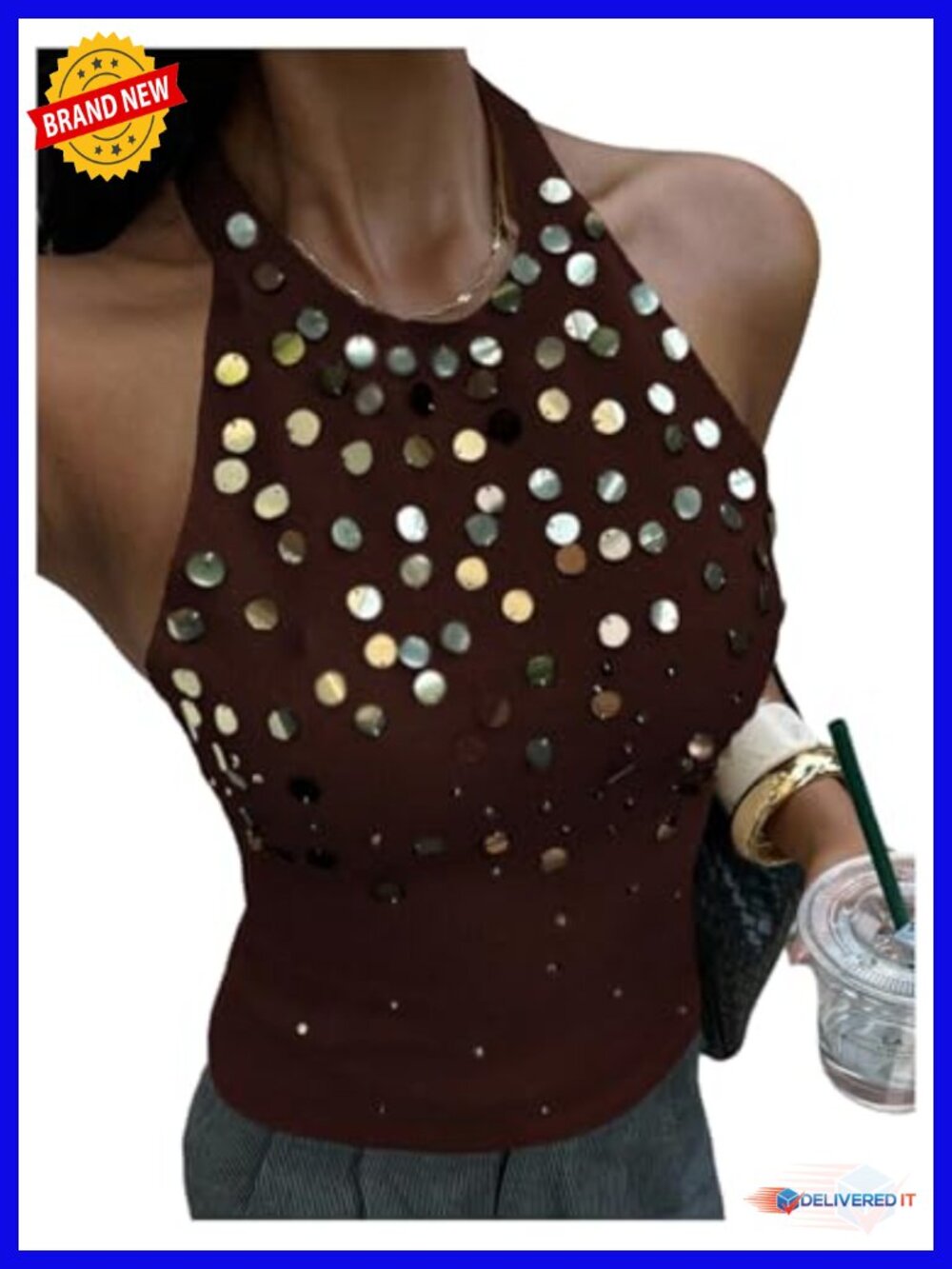 Sequin Halter Tank Top Going Out Sparkly Knit Cami Summer Sleeveless
